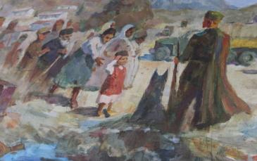 لوحة تستعرض الهلع أمام الجنود السوفيت مع بداية رحلة التهجير (الجزيرة نت)