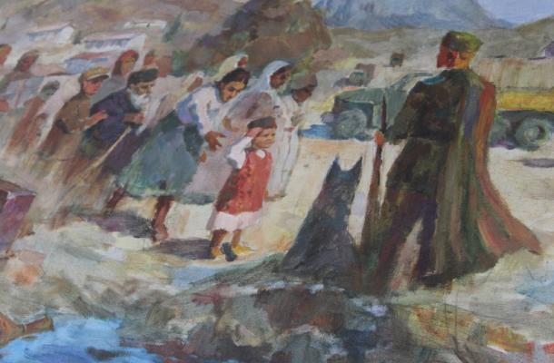 لوحة تستعرض الهلع أمام الجنود السوفيت مع بداية رحلة التهجير (الجزيرة نت)
